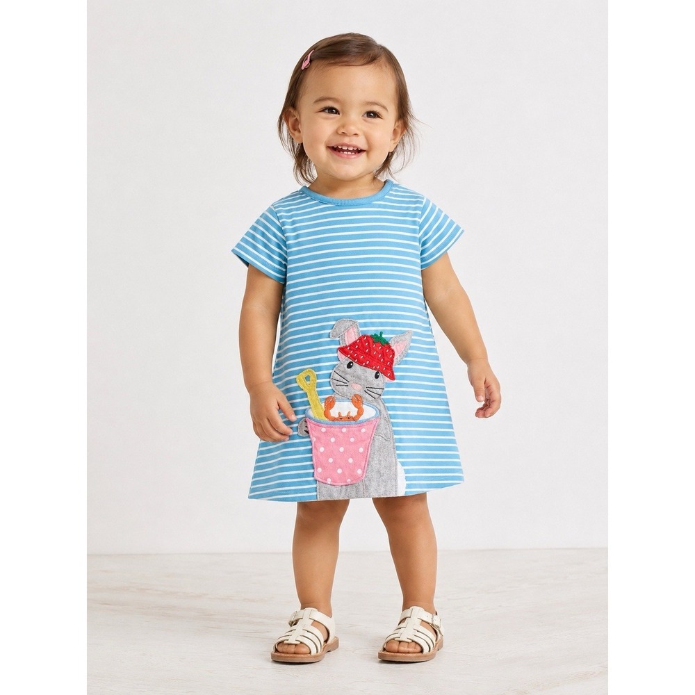Baby Boden Bunny Flap Appliqué T-shirt Dress Blue Striped 9-12M Beach & Bloomers
